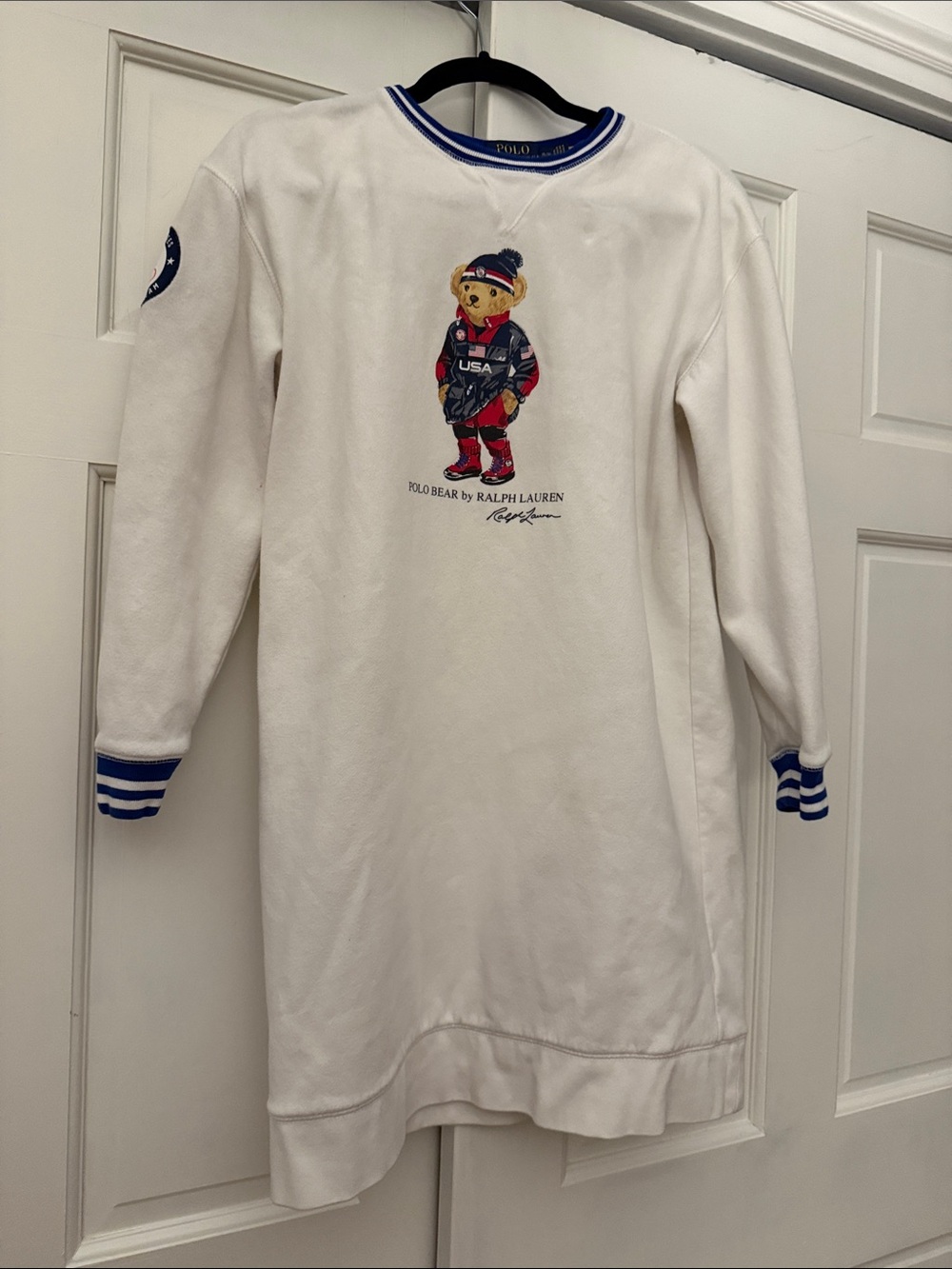 Ralph Lauren White Olympic Polo Bear Sweatshirt Dress with Blue Trim